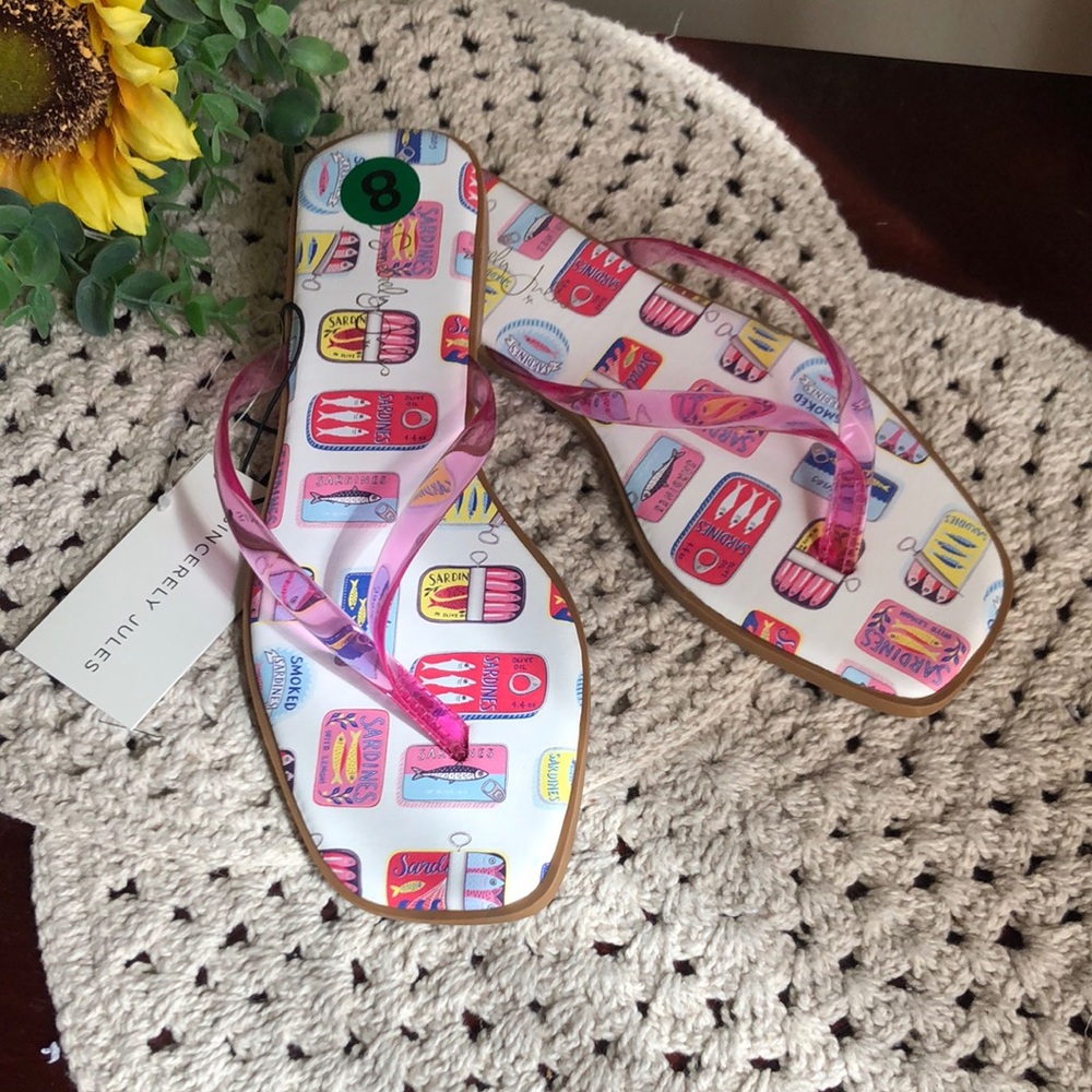 Sincerely Jules Sandal with Pink Translucent Straps and Colorful Sardine Print